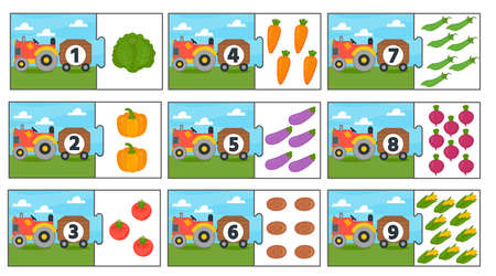 Education match game for kids. Counting from 1 to 9. Count the vegetables in the tractor. Collection puzzle with numbers and vegetables. Puzzle Game, Mosaicのイラスト素材