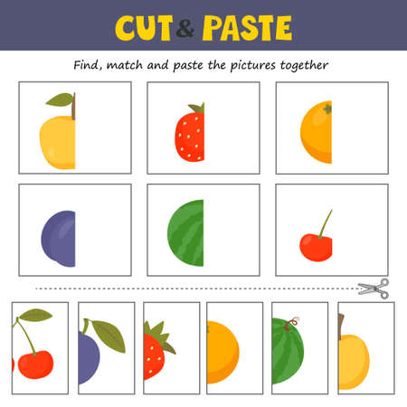 A game for children to develop logic. Cut and paste fruit halves. Learning symmetry for preschool children and kids. vector illustrationのイラスト素材