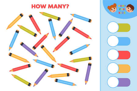 Educational game for kids. Count quantity of pencils and write numbers. Developing counting skills. Logic puzzle game. Printable Worksheet Vector Illustrationのイラスト素材