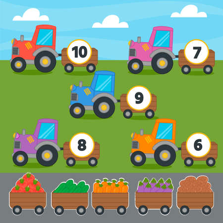 Education match game for kids. Count the vegetables in the tractor. cut and glue correct answer. Collection puzzle with numbers and vegetables. Puzzle Game, Mosaic.のイラスト素材