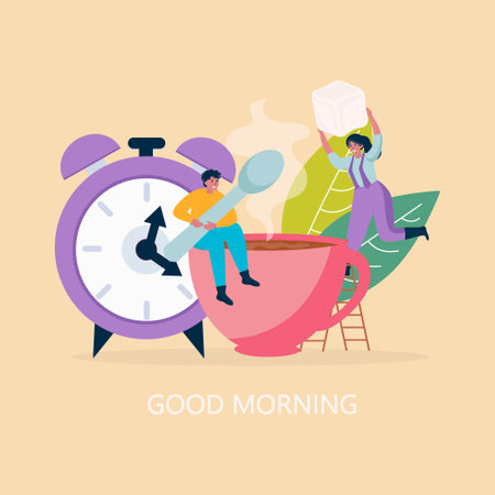 good morning poster. The concept of rest. Morning coffee and small people. Vector illustration for advertising, posters, banners, website.のイラスト素材