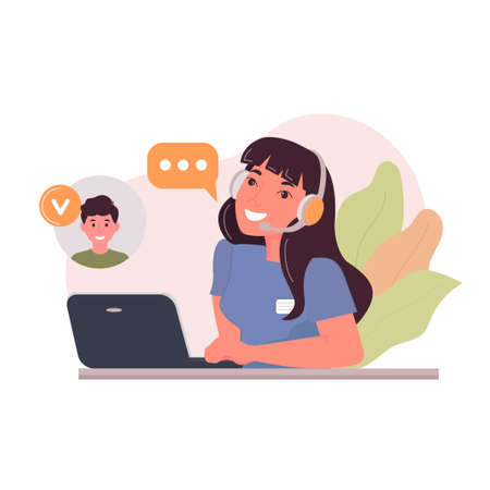 Call center manager woman with headphones and microphone with laptop. Client assistance, hotline operator, consultant manager. Customer care, seamless and personalized service concept.のイラスト素材