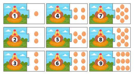 Learning game for kids. Puzzle. Funny hen. Studying the count from 1 to 9. Count the number of eggs. printable worksheet.のイラスト素材