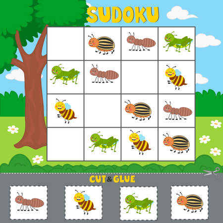 Educational logical game for children with funny insects. Sudoku. vector illustration. printable worksheet.のイラスト素材