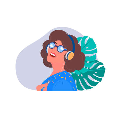 A young girl in headphones listening to an educational course, podcast, music or audiobook. Concept of relaxation, good mood, rest. vector illustrationのイラスト素材