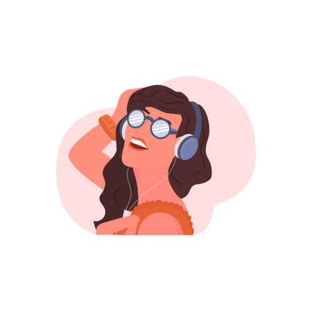 A young girl in headphones listening to an educational course, podcast, music or audiobook. Concept of relaxation, good mood, rest. vector illustrationのイラスト素材