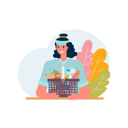 Girl Seller in the supermarket with a basket of products at the workplace. vector illustrationのイラスト素材