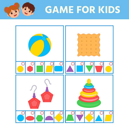Educational worksheet for children. Game for Kids with colorful geometric figures: triangle, square, circle, rectangle. Logic puzzle gameのイラスト素材