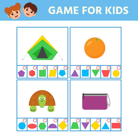 Educational worksheet for children. Game for Kids with colorful geometric figures: triangle, square, circle, rectangle. Logic puzzle gameのイラスト素材