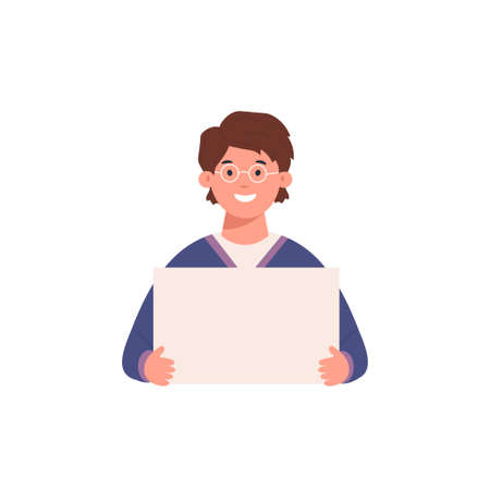Young man holding showing displaying white blank board banner poster with copyspace area for your text or slogan.Vector design illustrations for advertising, promotion, blank paper.のイラスト素材