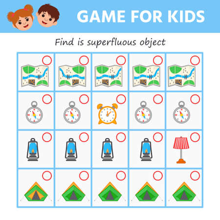 Educational worksheet for children with camping equipment. Find a picture in each row that is different from the others. training logicのイラスト素材