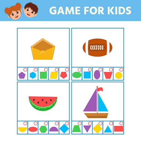 Educational worksheet for children. Game for Kids with colorful geometric figures: triangle, square, circle, rectangle. Logic puzzle gameのイラスト素材