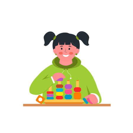 The girl plays with colored cubes. Child development concept for teaching montessoria system Vector illustration for web page, logo, advertisingのイラスト素材