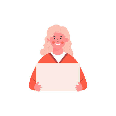 Vector illustration cartoon of trendy young woman holding a blank placard in her hands with a place for text. Template for advertising, bannerのイラスト素材