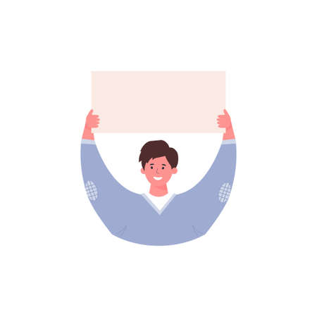Positive young man holding a board banner poster with copyspace area for your text or slogan. Vector design illustrations for advertising, promotion, blank paper, landing pages, UIのイラスト素材