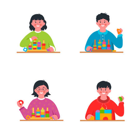 Montessori school. Boys and girls playing with educational toys, set. Child playing designer cubes, developmental constructor. Kindergarten. Montessori school. vectorのイラスト素材
