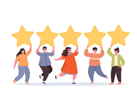 Men and women are holding gold rating stars over the heads. Concept of Five stars rating. Feedback consumer or customer review evaluation, satisfaction characters. vector illustrationのイラスト素材