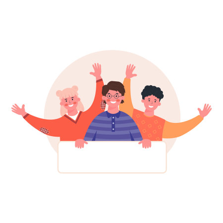 Vector illustration of young people are holding a blank banner or poster with space for your text. Illustrations for advertising, promotion, blank paper, landing pages, UIのイラスト素材