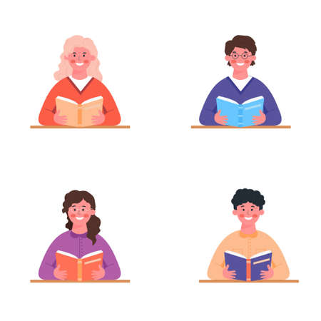 young people reading books. Idea of lovers book, readers, book club members. Set of vector illustrations can use advertising, banner, poster, web pageのイラスト素材