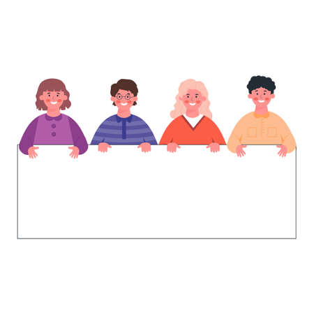 Vector illustration cartoon of trendy people standing behind blank sign banner with a place for text. Template for advertising.のイラスト素材