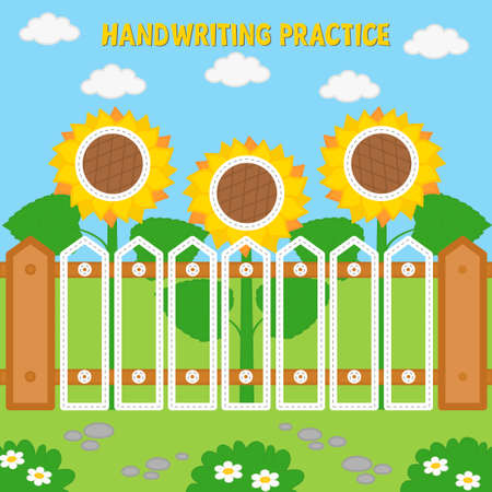 Handwriting practice worksheet with sunflowers. Basic writing skills early education. Game for kids. vector illustrationのイラスト素材