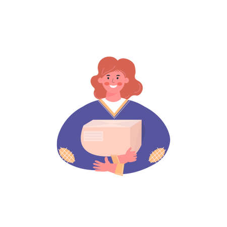 Young woman holding cardboard parcel. Delivery and online orders concept. Courier work. Vector illustration for logo, banner design or landing pageのイラスト素材