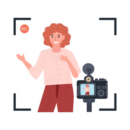 Video blogger concept. Young girl - Internet celebrity in social network. popularity in social networks. girl shoot video on camera. vector illustrationのイラスト素材