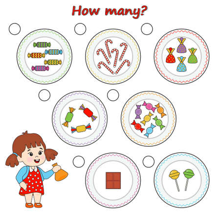 Math game for kids. Count the candies on the plates and write down answers. Educational printable worksheet.のイラスト素材