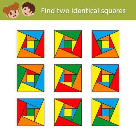 Logic iq game for children. Find two identical shapes. Worksheet fo development of attention, memory, thinking kids preschool and school age. vector illustrationのイラスト素材