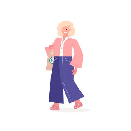 Cute woman in modern outfit with shopping eco bags. Sale and shopping concept. vector illustration.のイラスト素材