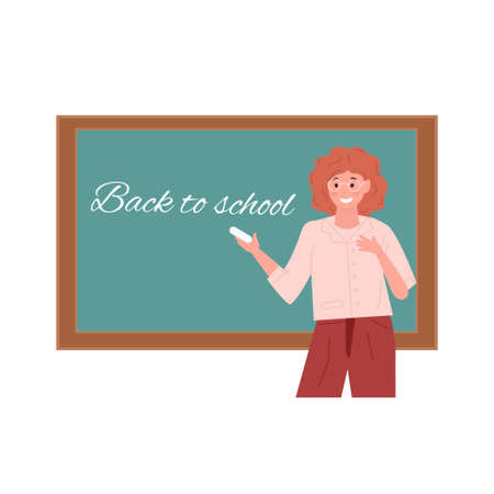 Vector illustration with teacher near the school board. Back to school concept. Beautiful woman in modern outfit with chalk in hand.のイラスト素材