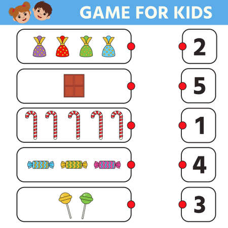 Math game for kids. Count the number of sweets. Count from 1 to 5. Educational printable worksheet.のイラスト素材