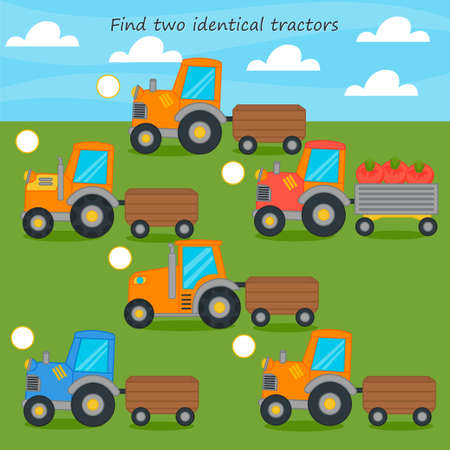 Education match game for kids. Find two identical tractors. Funny riddle entertainment and kids game. Activity page for book.のイラスト素材
