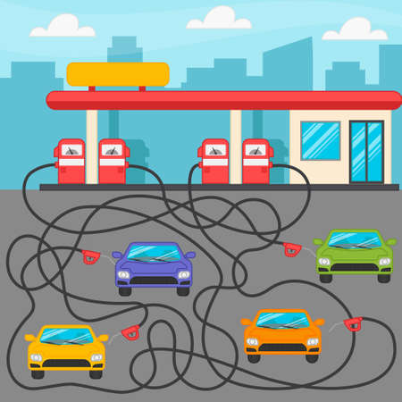 Labyrinth. Refueling of cars. A game for the development of logic for preschool children. sheet for printing. vector illustrationのイラスト素材