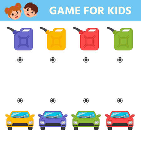 Find a match by color machine and canister. A game for the development of logic for preschool children. preschool worksheet activity. Children funny riddle entertainment. vector illustrationのイラスト素材