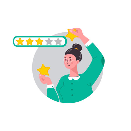 Customer review and user rating five stars. consumer product review. Woman give positive rating and feedback. Woman holding yellow star in their hand on blue backgroundのイラスト素材