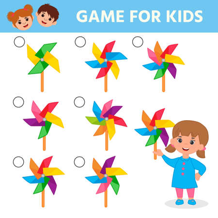 Game for preschool children. multicolored pinwheel. Find two identical turntables. vector illustration. printed sheetのイラスト素材