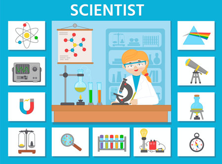 Vector character illustration of woman scientist doing scientific research. Game for preschool kids. Puzzle. profession. Scientist and scientific equipmentのイラスト素材