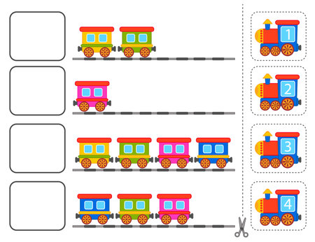 Game for preschool children. Learning to count from 1 to 4. Cut and glue. Train and carriages. vector illustrationのイラスト素材