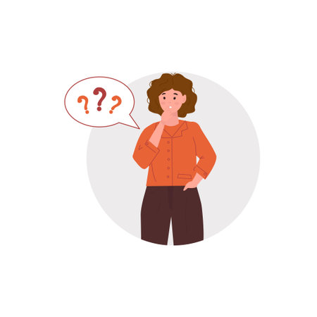 Woman with a question mark. vector illustration. Work questions, doubts, hypotheses, or assumptions.のイラスト素材