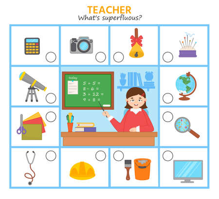 Game for kids. What's superfluous? What does subjects a teacher need? Professions. Children funny riddle entertainment for the development of logical thinkingのイラスト素材