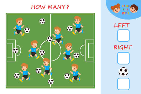 Educational game for preschool children. To the left or to the right. football. Count and write down the answer. Spatial orientation for kids.のイラスト素材