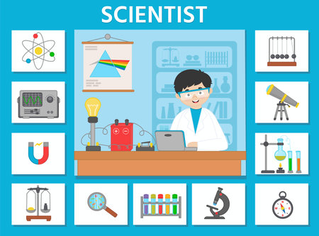 Vector character illustration of woman scientist doing scientific research. Game for preschool kids. Puzzle. profession. Scientist and scientific equipmentのイラスト素材