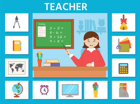 Educational game for kids. learning cards. Professions. teacher and school supplies. preschool worksheet activity. vector illustrationのイラスト素材
