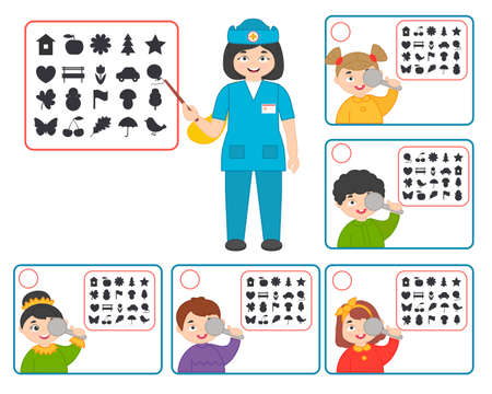 Game for kids. Doctor oculist pointing at children eyesight test chart symbols. Optometrist checking kid eyesight. printable worksheet vector illustrationのイラスト素材