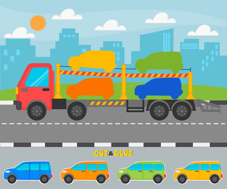 Education paper game for preschool children. Cut and stick the car according to the color of the shadow on the car transporter. Kids funny education riddle entertainment. vector illustrationのイラスト素材