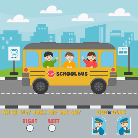 Logic game for preschool children. Determine which way the bus is going. Cut and paste the driver. activity sheet. vector illustration for printのイラスト素材