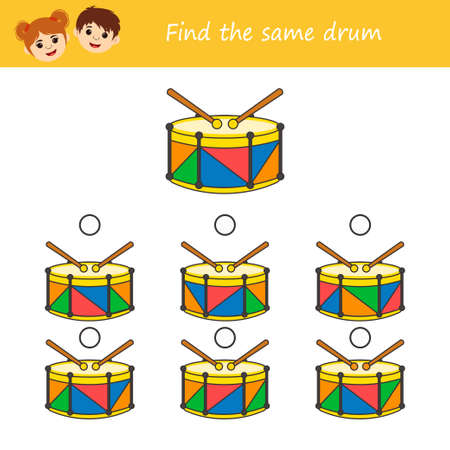educational children game. Find the same drum. cartoon musical percussion instrument. printable worksheet. vector illustrationのイラスト素材