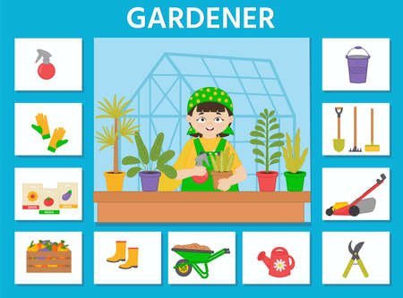 Profession game for kids. cartoon gardener. paper card. kid entertainment. printable worksheet. vector illustrationのイラスト素材