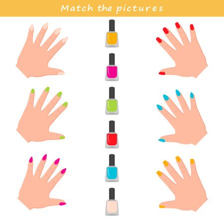 Game for girls. Match the pictures nail polish and and a hand with painted nails. printable worksheet. vector illustrationのイラスト素材
